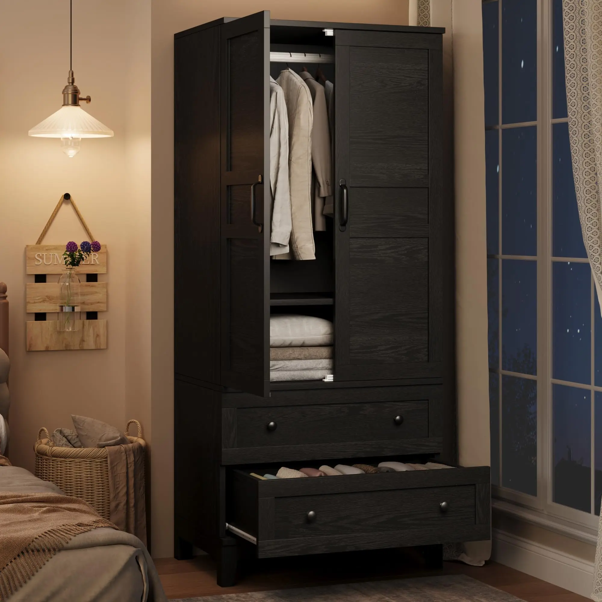 72" Tall Wooden Wardrobe Closet with 2 Drawers and Adjustable Shelf Large Armoire Clothes Storage Cabinet with Hanging Rod Heavy Duty Wood Bedroom Furniture Organization Storage Closet for Hanging Clothes Bags Toys