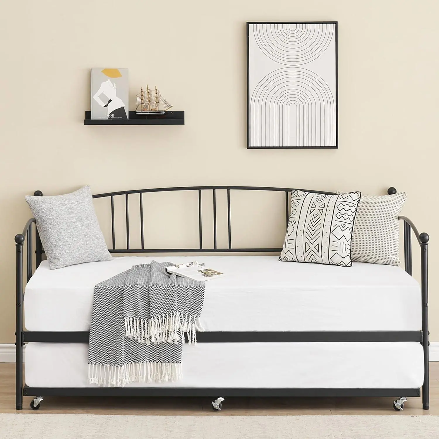 Gaomon Twin Metal Daybed with Pullout Trundle, 6-Caster Twin Size Bedroom Bedframe, Steel Slat Support, Guest Sofa Bed for Living Room, Bedroom, No Box Spring Needed (Black Headboard), Furniture For Bedroom