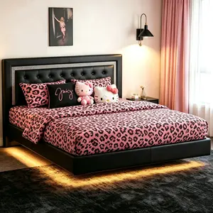【Floating】TryLazy Floating Bed Frame with LED Lights Upholstered Modern Platform Bed Diamond Tufted Headboard Noise Free Comfort summergarden