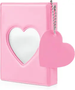 Molain 3 Inch Small Photo Album, Heart Hollow Card Binder with 32 Pockets, Pink Photocard Binder, Cute Photo Card Holder with Beaded Chain for Photocards Collection(Pink)