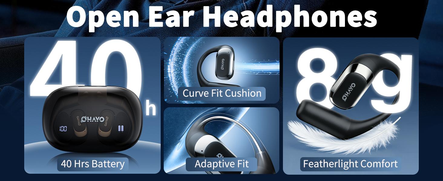 OHAYO Open Ear Headphones, Ultra Lightweight Ergonomic Earhook Earbuds, Bluetooth 5.4 Headphones with HiFi Stereo & Clear Calls, Smart Digital Display, 40H Playtime, IP55 Waterproof Sweatproof, Touch Control for Sports Running Gym Workout