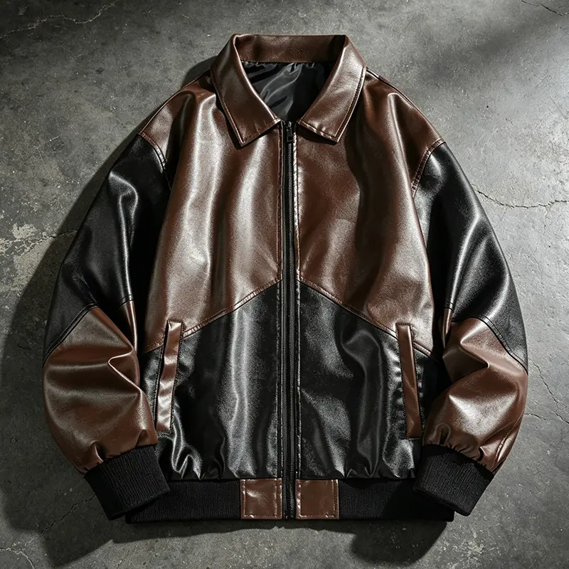 Men’s vintage color-block leather jacket with a retro lapel collar, casual streetwear outerwear for spring and autumn