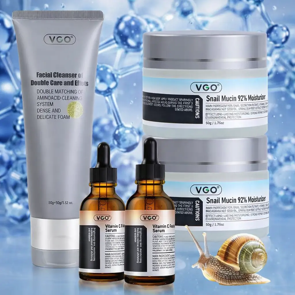 VGO 3-Step Daily Skincare Kit with Vitamin C Serum and Snail Mucin Moisturizer, Lightweight Hydrating Routine for Smooth Skin, Facial Serum, Gentle, Cream Facial Cleansers, Daily Facial Routine