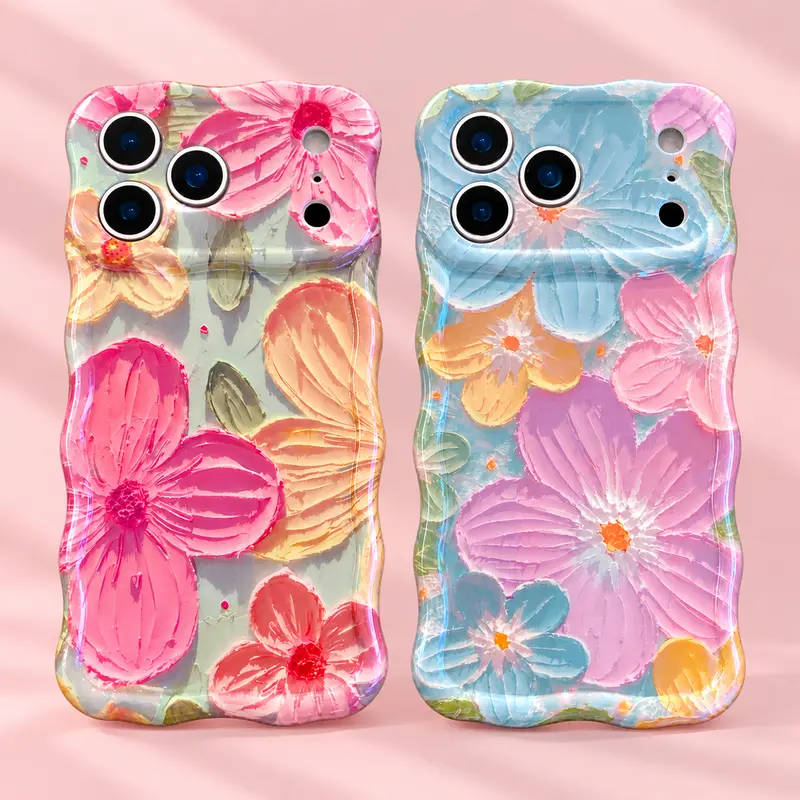 Oil Painting Flower Case for iPhone 18 Pro Max 17 16 15 14 13 12 11 Pro Max, Colorful Laser Glossy Oil Painting Flower Pattern Cute Curly Wave Edge Phone Cover for Women Girls