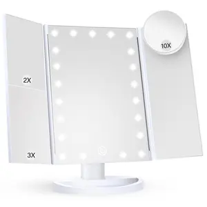 Makeup Mirror Vanity Mirror with Lights, 2X, 3X, 10X Magnification, Touch Control, Trifold, White, 9.4" L x 13.4" W, Modern Style, Dresser Mount, Bathroom