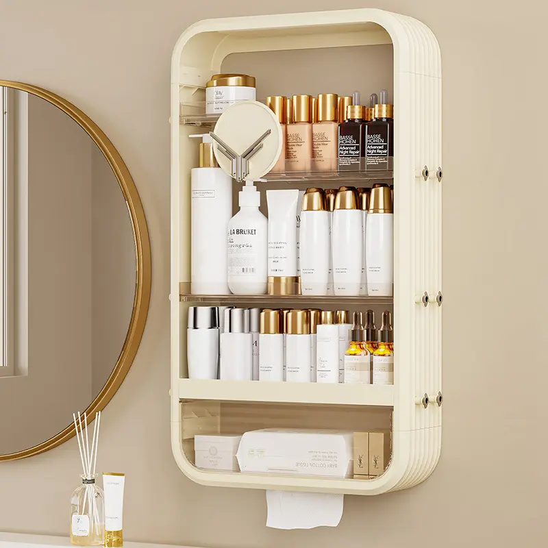 CNCEST Modern Wall-Mounted 4-Tier Rectangular Durable Plastic Storage Organizer Box - Space-Saving Multilayer Divided Compartments, Dustproof Bathroom Holder for Beauty Products, Jewelry Accessories, Bathroom Storage, Multilayer Storage