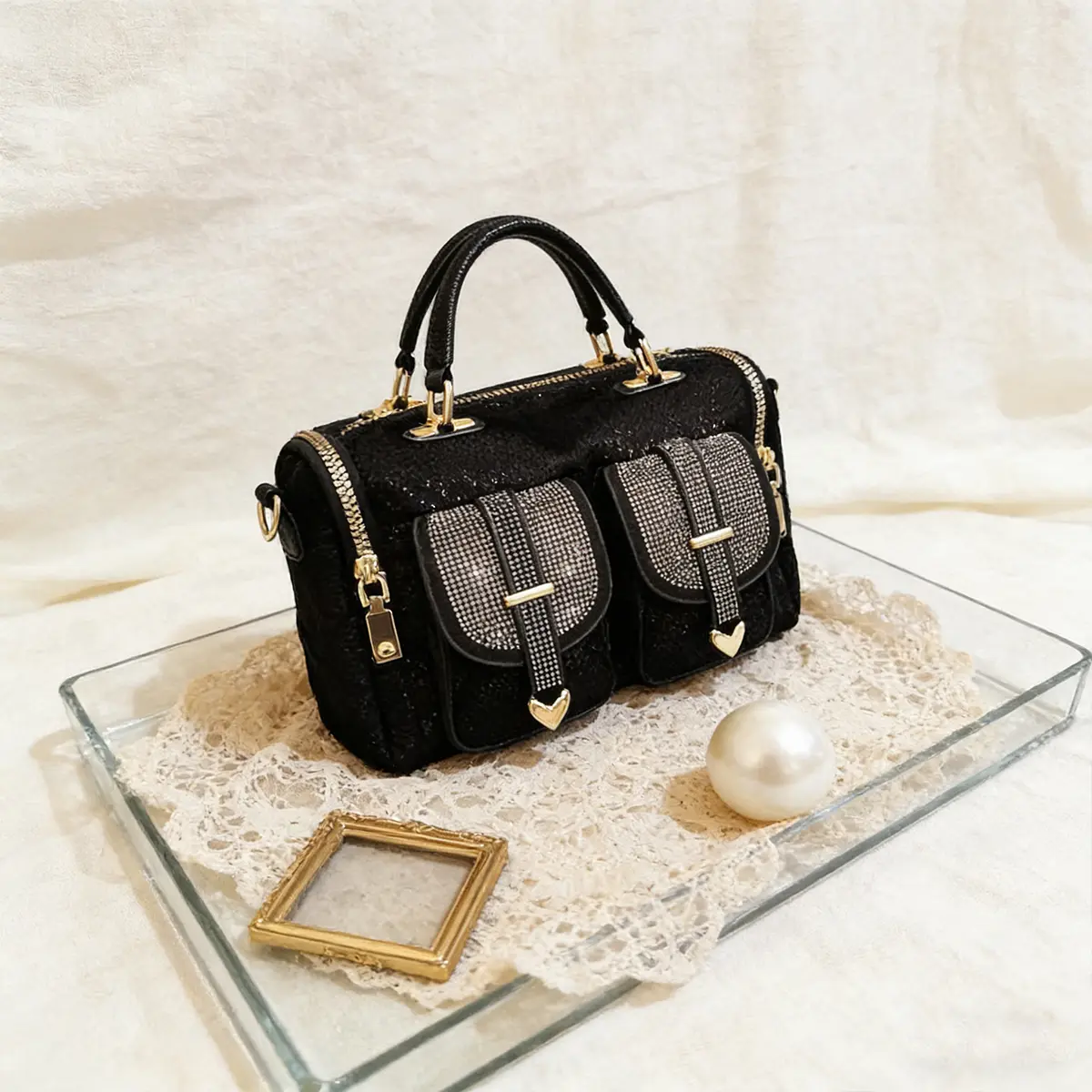 Elegant women’s rhinestone sequin bag; large-capacity shoulder/crossbody bag; casual, versatile women’s handbag suitable for both casual and formal occasions; multifunctional shoulder or top-handle bag; fashionable design; durable zipper closure; handbag.