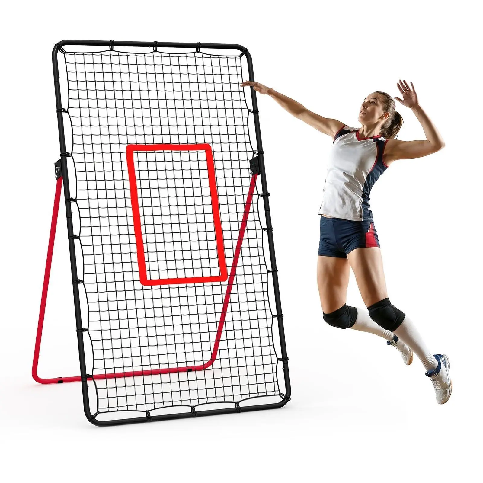 Black&Red Adjustable Double-Sided Rebounder Net – 7x4Ft Foldable Baseball, Volleyball Training Net, Multi-Angle Bounce Back, Heavy Duty 1” Steel Frame, All-Weather PE Net, Portable Sports Practice Equipment