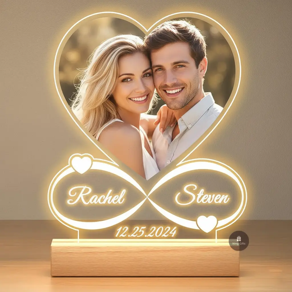 Custom Couple Photo LED Mood Light Acrylic-Wood Heart Shape Plaque, Personalized Adults' Picture Frame, Birthday Custom Partner Gift for Anniversary Valentine's Day Home Decor