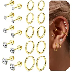 YADOCA 10Pairs 316L Surgical Steel Stud Earrings for Women Hypoallergenic Flat Back Earrings Set Helix Cartilage Hoop Earrings for Women Girls Silver/Gold