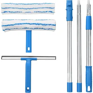 Window Cleaner with Long Handle(57IN), Glass Cleaning Tools with   & Microfiber Scrubber, Window Cleaning Kit for Shower Glass Mirror Door