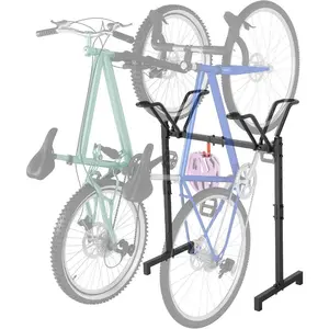 2 Bikes Floor Stand, Adjustable Bicycle Parking Rack with Hook for Garage/Indoor/Outdoor, Metal Cycle Storage Organizer Rack for Road Bikes