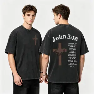 Summer Retro Faded Dark Black Acid Wash Classic John 3:16 Text Unisex Drop Shoulder Short Sleeve Pure Cotton T-Shirt