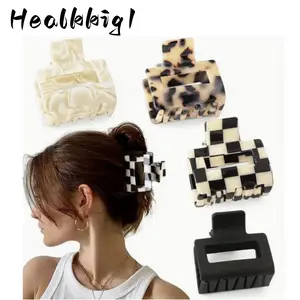 4pcs Stylish Hair Claw Clips for Women - Small Acetate Barrettes with Checkered & Tortoise Designs, Nonslip Grip for All Hair Types