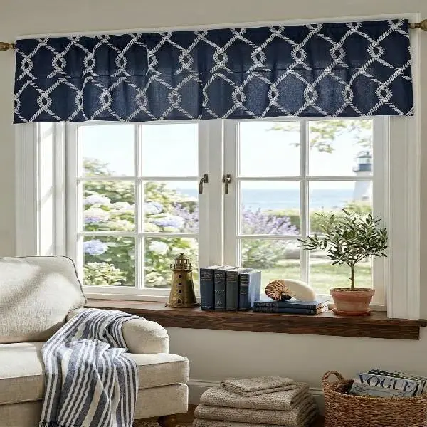 Homewear Rope Diamond Window Valance 60 x 16 Inch, Dark Blue Embroidered Valance for Windows, 65% Polyester 35% Cotton Blend, Decorative Window Treatment for Living Room or Bedroom