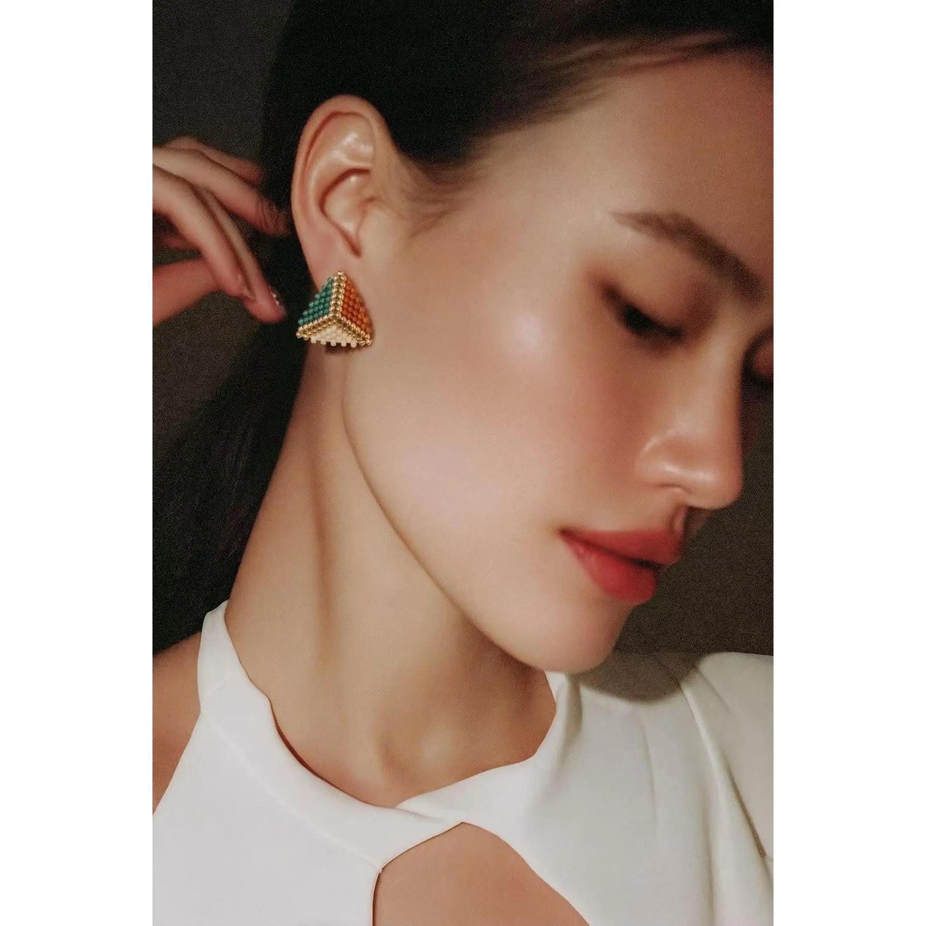 Boho Beaded Triangle Stud Earrings, Handmade Seed Bead Jewelry, Colorful Geometric Studs, Ready to Ship US