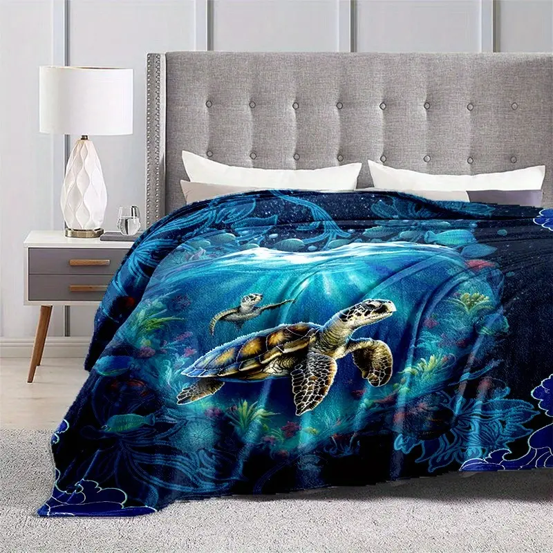 1pc Cozy Sea Turtle Print Blanket - Lightweight Flannel Throw For Sofa, Travel, Camping, Livingroom, Office, Couch, Chair, And Bed - Digital Printing Fleece Blanket With Soft And Warm Flannel Fabric, Gifts For Family Or Friends
