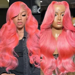 Gk Pink Lace Front Wig Human Hair Pre Plucked 13x6 Body Wave Pink Wig Human Hair 200% Density Colored Wigs Human Hair with Baby Hair HD Transparent Lace for Women 34 Inch