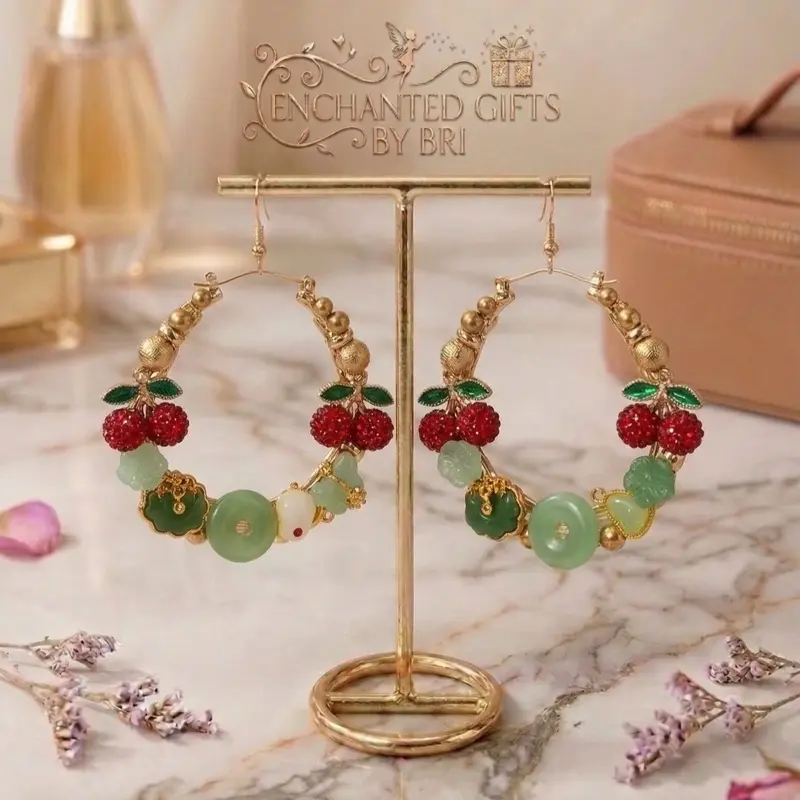 Enchanted Gifts by Bri Jade and Cherry's Handcrafted Bamboo Junk Earrings with Gold Hoop and Red Beads