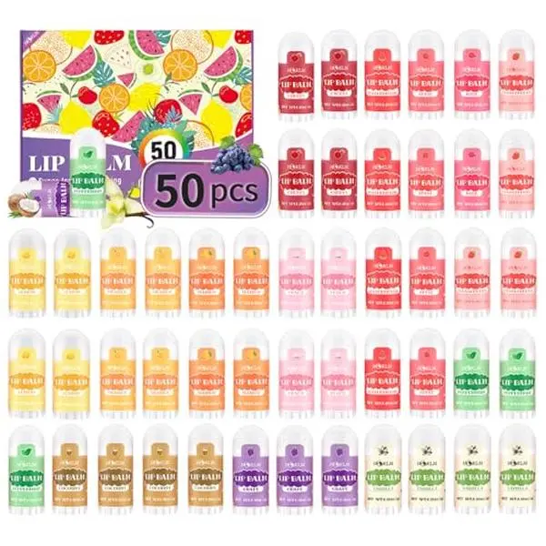 Mini Lip Balm 50 Pcs,Natural Lip Balms with Vitamin E and Coconut Oil | Moisturizes for Dry Lips,Mini Chapstick Bulk Perfect for Birthday Party Favors Gift Bags and Small Gifts,13 Flavors
