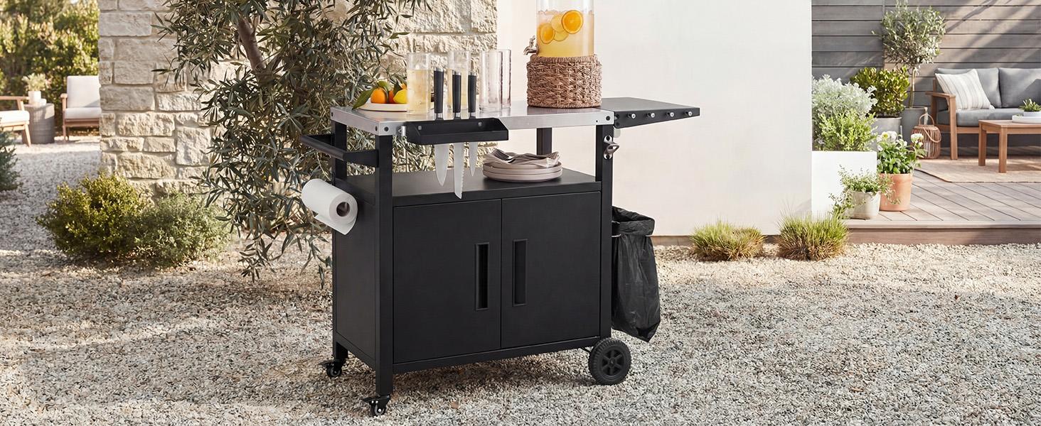 K&K Outdoor Grill Cart with Storage Cabinet, Foldable Table, Pizza Oven Table, Stainless Steel Top, Hooks, Spice Rack, Waterproof Cover, 4 Secure Locking Wheels, Heavy Duty Structure, 45 Gallons Closed Storage, 20 Gallons Open Storage K&K Outdoor Grill Cart with Storage Cabinet, Foldable Table, Pizza Oven Table, Stainless Steel Top, Hooks, Spice Rack, Waterproof Cover, 4 Secure Locking Wheels, Heavy Duty Structure, 45 Gallons Closed Storage, 20 Gallons Open Storage