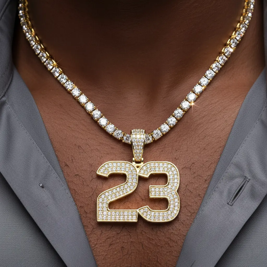 MaxBling81 Unisex Bling CZ Diamond Necklaces Set - Diamond Studded Jersey Number 23 Pendant, 1-Row Metal-Coated CZ Tennis & Link Chains (18in-20in-24in), Hip Hop Daily Wear Costume Jewelry, Diamond Studded Pendant