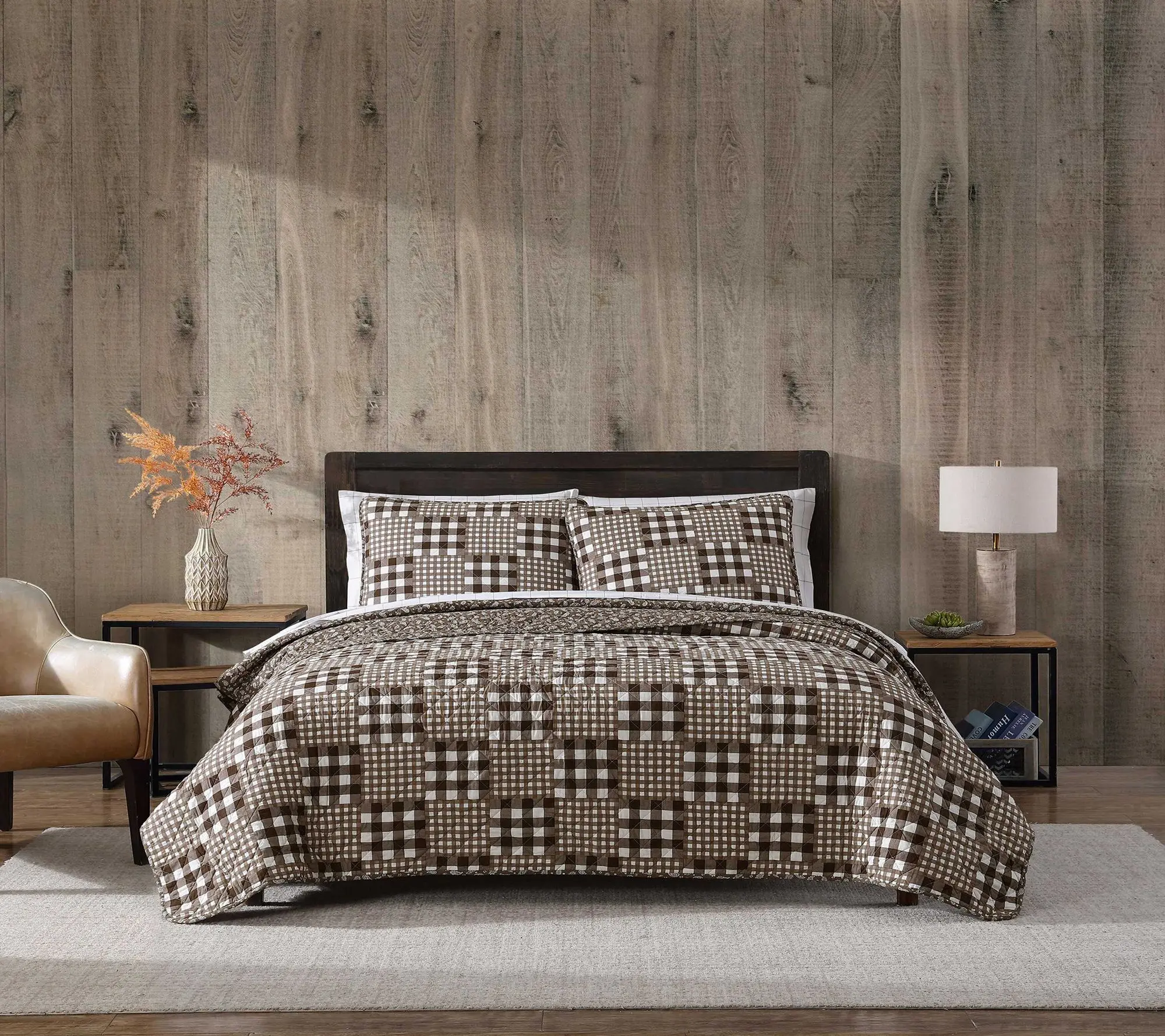 Eddie Bauer Gingham Patchwork Brown King Quilt Set Eddie Bauer Gingham Patchwork Brown King Quilt Set