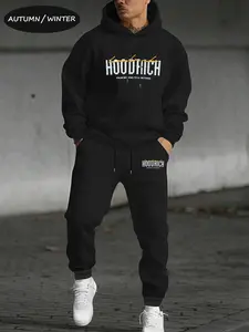 Men's Autumn-Winter Hoodrich "From Nothing To Something" Tracksuit, Sweat Suits in Black, Bold Orange-Accented Logo, Warm Edgy Streetwear, Perfect for Casual Daily Wear and Trendy Urban Outfits
