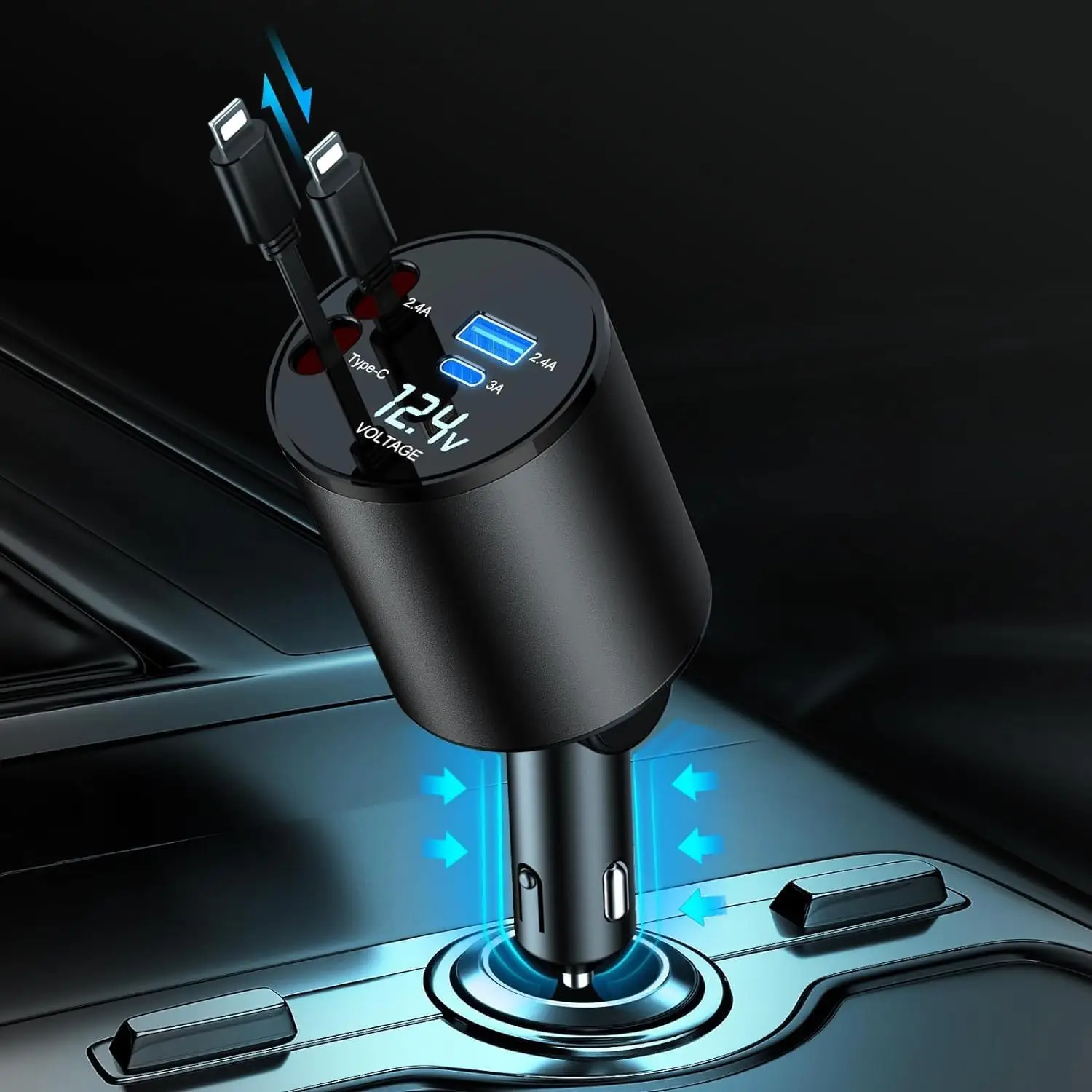 SPGUARD!Retractable Car Charger.Support a variety of protocols 60W fast charging.With 2 retractable Cables and 2 USB Ports Car Charger Adapter.Multipl