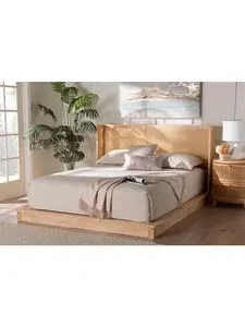 Baxton Studio 193271446223 Glennis Japandi Natural Brown Wood Queen Size Platform Bed with Woven Rattan, 1 in. Thick