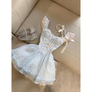 Summer Sweet Fairy Slim Blue Dress Fashion Design Lace Sling Thin Dresses Girl Elegant Chic Square Neck A-line New Outfits 2025