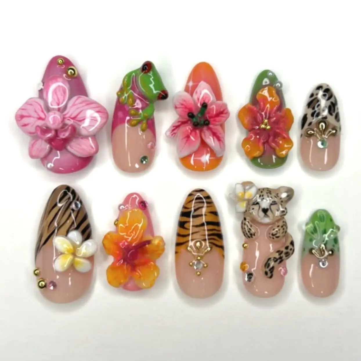 Tropical Safari Press-On Nails, 3D Orchid & Hibiscus Flower Design, Cute Frog Leopard Tiger Cub Art, Jungle Animal Handmade Nail Set, Exotic Vacation Aesthetic Press Ons