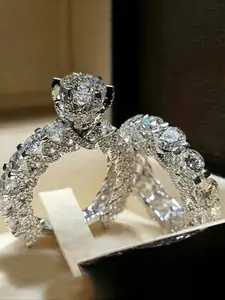 2 PC /Set Elegant Luxury Sparkling Full Cubic Zirconia Rings For Women Exquisite Trendy All-match Engagement Wedding Promise Ring Gorgeous Ladies Fashion Jewelry for Party Daily Clothing Decor Accessories as Anniversary Valentine's Day Gift for Girlfriend