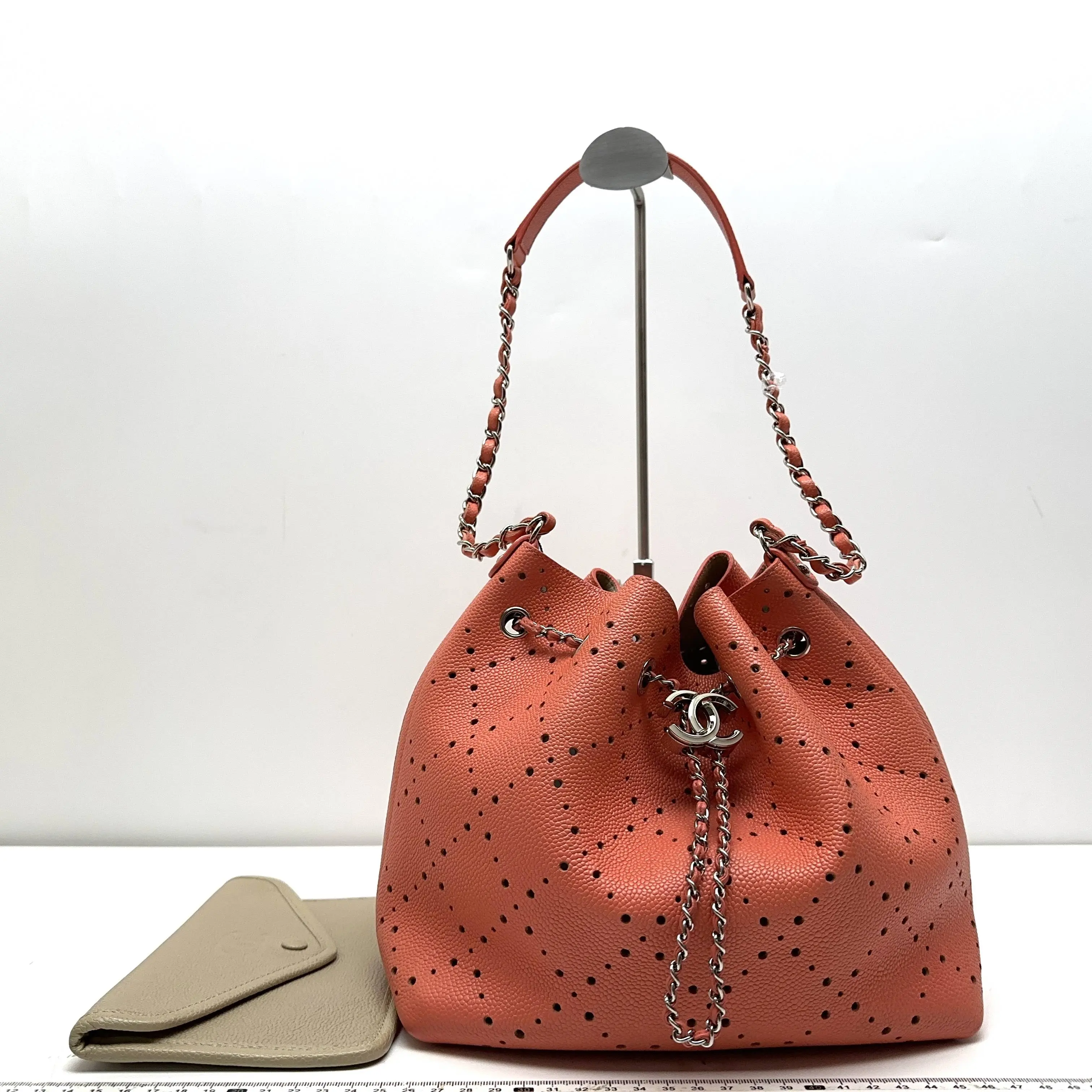 Pre-owned CHANEL Caviar Crossbody Bags Perforated Drawstring Coral Beige