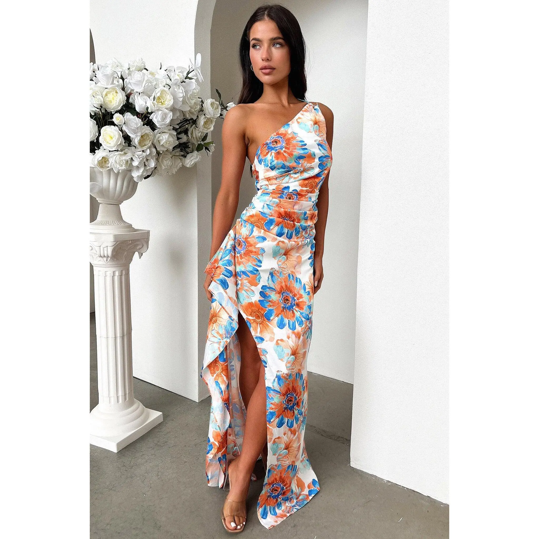 Elianna One Shoulder Satin Maxi Dress - Blue Floral