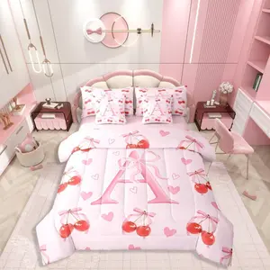 Initial Letter A 7 Pieces Bedding Set,Kawaii Bow Monogrammed Bed in a Bag,Princess Style Bed Set,Includes Comforter,Sheet Set,Pillowcases & Pillow Covers,Cute Cherry Love Hearts Bedroom Decor, Bed Comforter Set