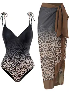 Women's Leopard Print Contrast Mesh One-piece Swimsuit & Knot Cover Up Skirt Set, Casual Fashion Ladies Swimsuit for All Seasons, Beach Outdoor Wear, Clothes for Women, Swim Cover Ups, Swimwear Coverups