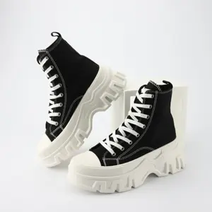 Fashion Chunky Heel Platform High Top Canvas Sneakers Large Size All Match Casual Trainers Runway Outdoor Sport Shoes Increasing Unisex Shoes