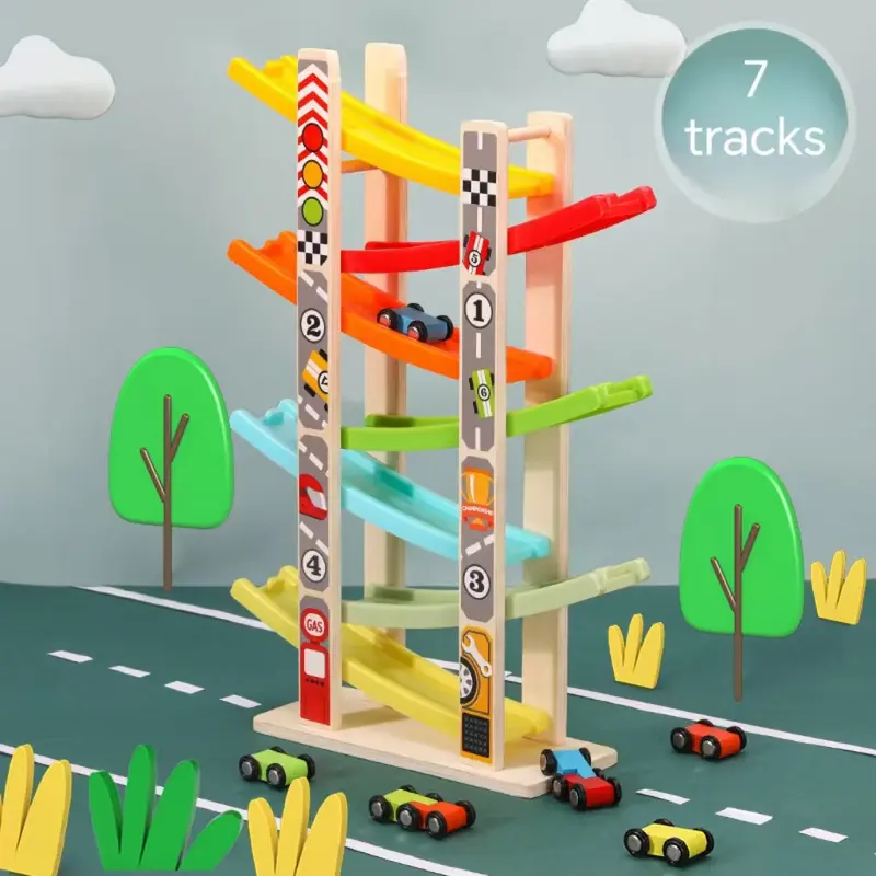 EDUTREE Wooden Ramp Racer Toddler Toy Set - 7 Tracks, Mini Vehicles, Montessori-Inspired Playset, Tricycle, Remote Control RC Model - Gift for Girl, Mother's Day (Toys & Hobbies),sohochic