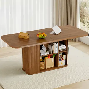 SUNCOZE 70.9" Fluted Dining Table, Rectangle Dining Table for 4–8, with Sliding Tambour Doors, for Dining Room or Kitchen