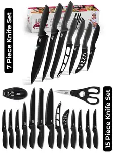 Lux Decor 7 & 15 Pieces Knives Set -Stainless Steel Ultra Sharp Cutlery Knife Set-  Rust Proof Black Steak Knives & Vegetable Cutter Set Block Kitchen