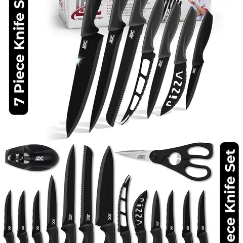 LDC Lux Decor Collection 7-Piece & 15-Piece Durable Ergonomic Rustproof Stainless Steel Sharp Knives Kitchen Set with Stylish Black Anti-Rust Block, Sharpener, Home Chef Essential, Ramadan Kitchen Gift