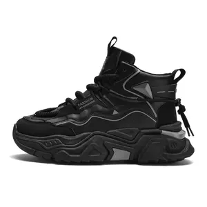 Men's Black High-top Elevator Platform Shoes - Fashionable Versatile Running Shoes, Invisible Height Increase, Casual Sports Style Suitable for Daily Wear.