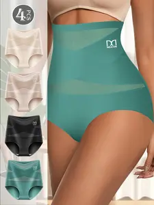 4PCS Women’s High-Waisted Tummy Control Panty Set, Soft Stretchable Breathable Shaping Briefs, Cross Waistband Mesh Panel Underwear for Daily Wear, Work, Travel, Sleep & Lounge