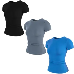 Women's Slim-Fitting Compression Quick Dry Activewear Tee, Solid Color Round Neck High-Stretch Breathable Short-Sleeve Sports Top for Gym Workout
