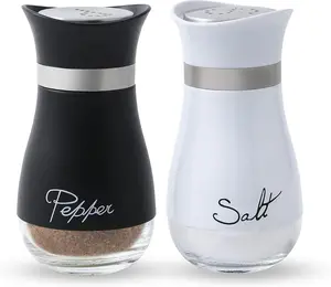 Salt and Pepper Shakers Set - Salt Containers for Gifts, Kitchen Decor, Home, RV, Camp, BBQ, 4 oz Farmhouse Spice Dispenser with Glass Bottom, Black and White, Set of 2