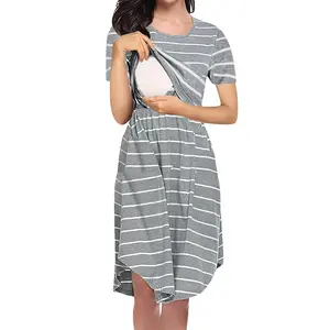 Women's Maternity Elegant Striped Dress, Short Sleeve Crew Neck Breastfeeding Dress For Outdoor, Gender Reveal
