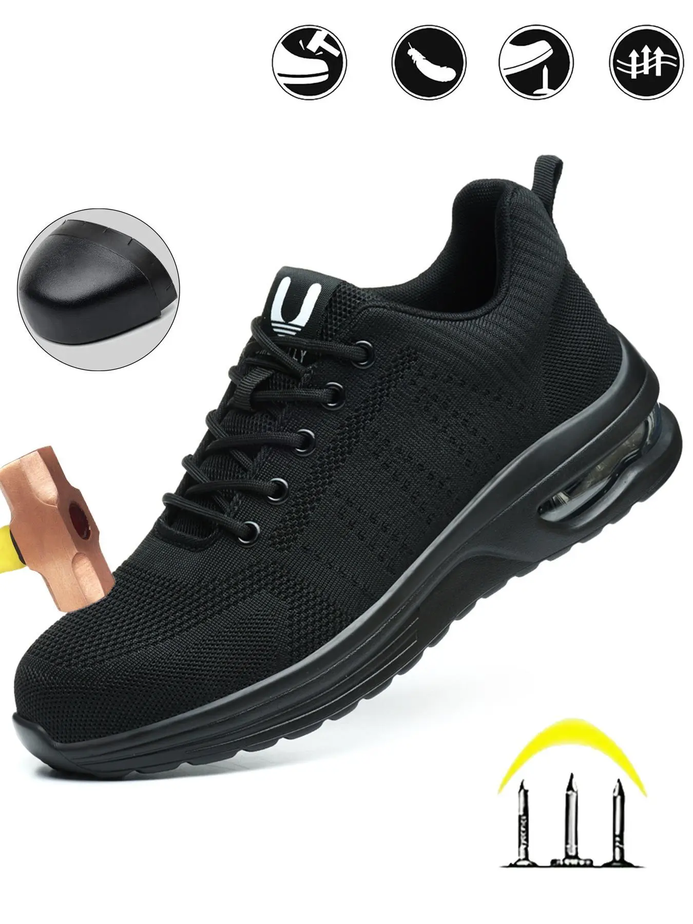 Men's Casual Lace-Up Low-Top Steel Toe Protective Work Shoes, Lightweight Breathable Anti-Puncture Air Cushion Safety Trainers for Daily Wear