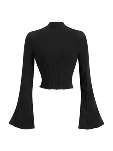 Autumn Winter Fashion Basic Half High Neck Ribbed Flare Sleeve Knit Top, Slim-Fitting Casual Pullover, Plain Pattern, No Zipper or Button