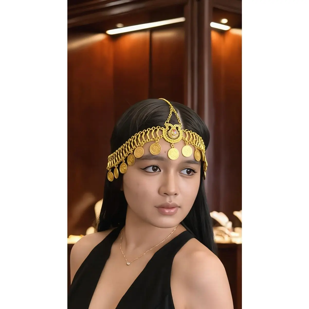 Gold-Tone Traditional Coin Headpiece for Women – Traditional Forehead Jewelry, Bridal Festival Hair Accessory 6098